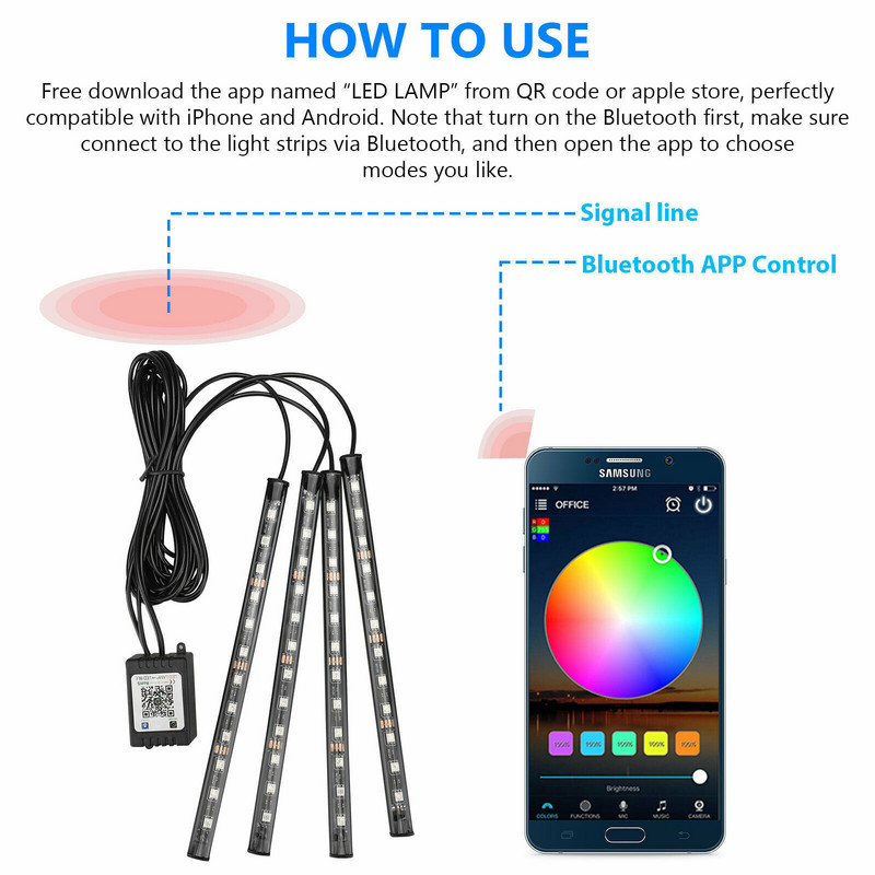 New One Tow Patru lumini de atmosferă pentru mașină, control vocal colorat, APP Control, lumini pentru picioare, lumini de atmosferă 48SMD
