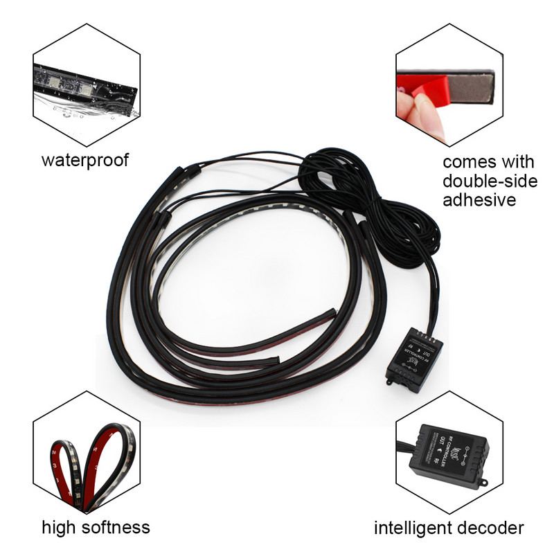 Auto alumine atmosfäärilamp RGB Led Neoon šassii riba riba ümbritsev valgus APP / kaugjuhtimispult Dekoratiivsed auto stiilitarvikud