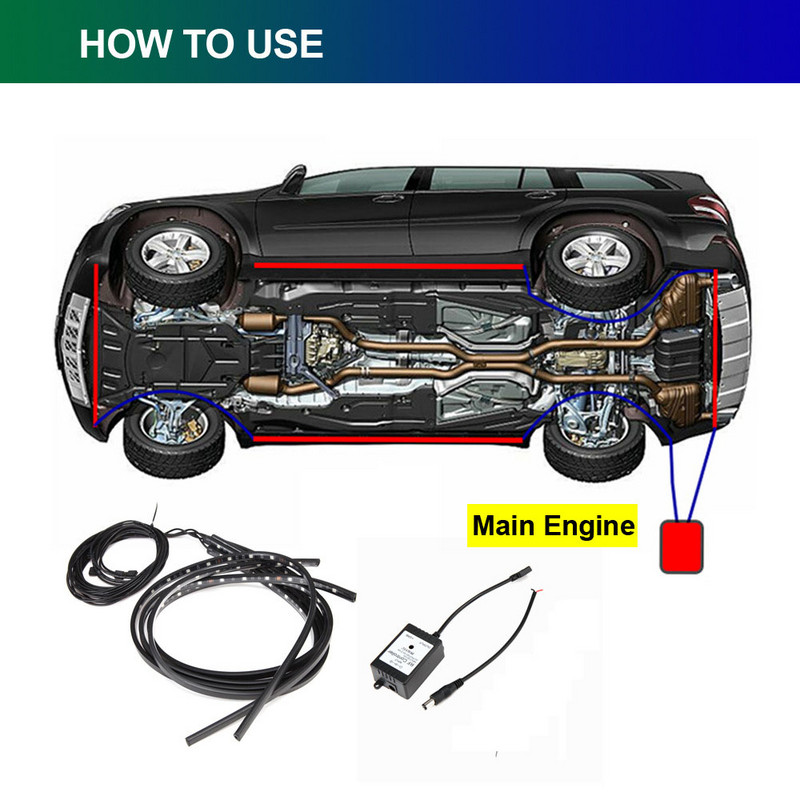 Auto alumine atmosfäärilamp RGB Led Neoon šassii riba riba ümbritsev valgus APP / kaugjuhtimispult Dekoratiivsed auto stiilitarvikud