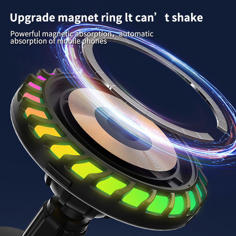 Car Pick-up Muzică Lumină Control vocal Lampă ritm ambiental 15W Suport magnetic pentru încărcător fără fir Suport multifuncțional pentru telefon