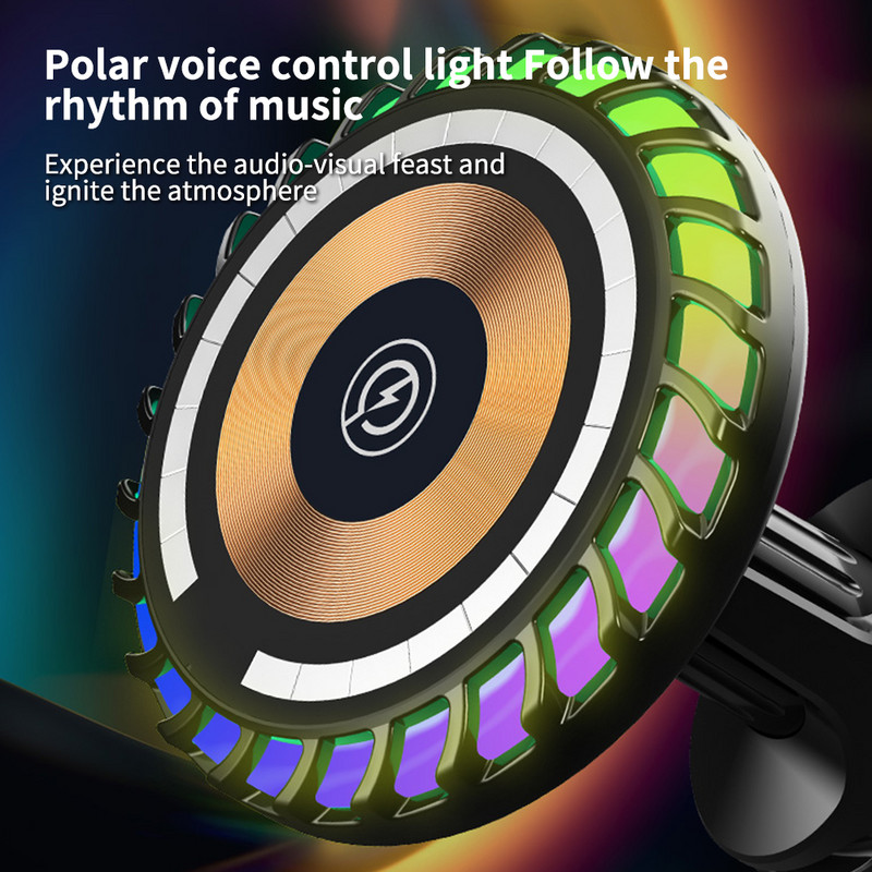 Car Pick-up Muzică Lumină Control vocal Lampă ritm ambiental 15W Suport magnetic pentru încărcător fără fir Suport multifuncțional pentru telefon
