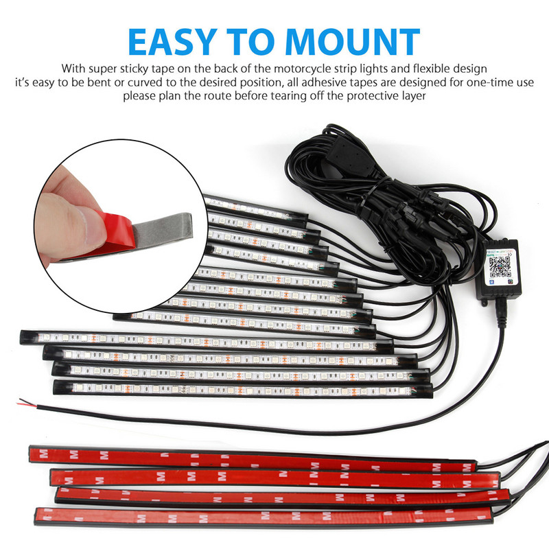 12 buc. Lumini LED sub caroserie pentru motociclete RGB Multicolor APP Control Car Underglow Neon Strip pentru lampă de atmosferă Yamaha Hodna