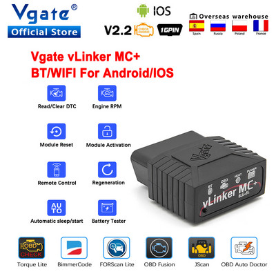 Vgate vLinker MC+ ELM327 V2.2 Bluetooth 4.0 OBD2 Scanner OBD 2 WIFI BimmerCode FORScan Auto Automobilių diagnostikos įrankiai ELM 327 V 1 5
