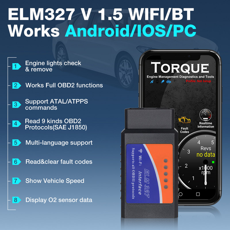 ELM327 OBD2 skeneris V1.5 PIC18F25K80 BT/WIFI Auto diagnostikas rīki Auto ELM 327 OBDII kodu lasītājs Darbs Android/IOS/Windows 12V