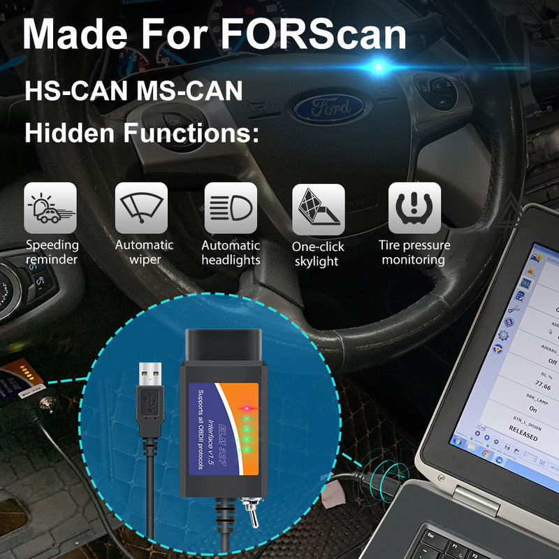 ELM327 V1.5 su HS / MS CAN jungikliu FORSCAN Ford ELM327 OBD2 skaitytuvo kodų skaitytuvo USB adapteris, skirtas Ford kodavimui ELMconfig FoCCCus
