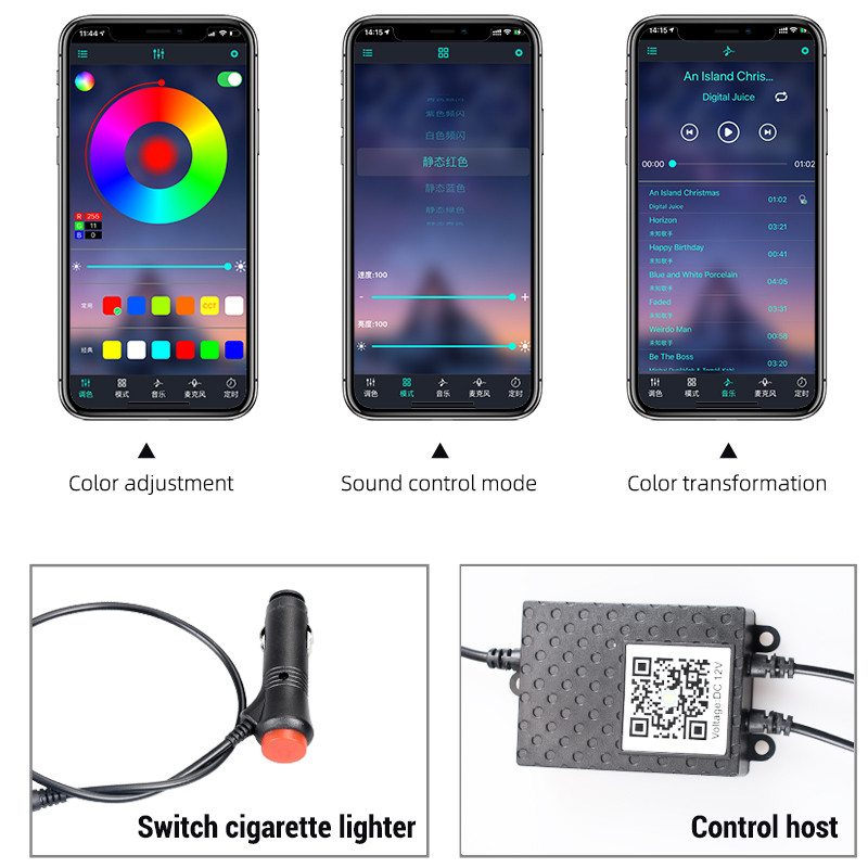 Lumini de atmosferă pentru mașină Lumină de stare Iluminare de fundal 12V RGB Moduri multiple Control sunet aplicație Lampă neon decorativă pentru interior