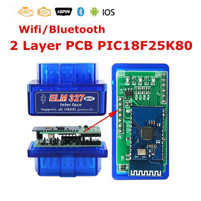 Eredeti Mini ELM327 Bluetooth V1.5 Pic18f25k80 OBD2 szkennerrel WIFI ELM 327 V1.5 Android IOS Windows Car Disgnostic Tool eszközhöz