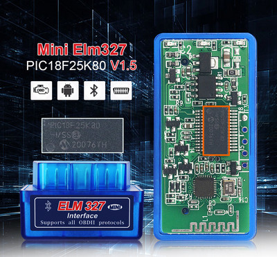 OBDII диагностичен скенер ELM327 PIC18F25K80 Bluetooth V1.5 чип OBD2 четец на кодове ELM 327 V2.1 Bluetooth 25K80 за Android/PC