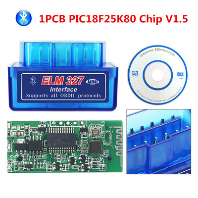 OBDII diagnostikaskanner ELM327 PIC18F25K80 Bluetooth V1.5 kiip OBD2 koodilugeja ELM 327 V2.1 Bluetooth 25K80 Androidi/PC jaoks