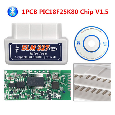 OBDII diagnostikaskanner ELM327 PIC18F25K80 Bluetooth V1.5 kiip OBD2 koodilugeja ELM 327 V2.1 Bluetooth 25K80 Androidi/PC jaoks