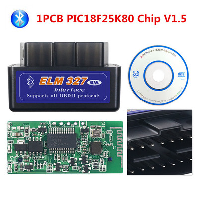 OBDII diagnostikaskanner ELM327 PIC18F25K80 Bluetooth V1.5 kiip OBD2 koodilugeja ELM 327 V2.1 Bluetooth 25K80 Androidi/PC jaoks