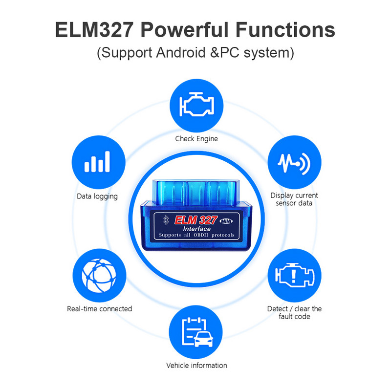 OBDII diagnostikaskanner ELM327 PIC18F25K80 Bluetooth V1.5 kiip OBD2 koodilugeja ELM 327 V2.1 Bluetooth 25K80 Androidi/PC jaoks