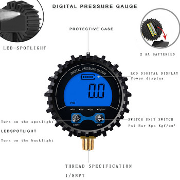 Ψηφιακός μετρητής πίεσης ελαστικών υψηλής ακρίβειας 255 PSI Οθόνη οπίσθιου φωτισμού LCD Χάλκινο μανόμετρο πίεσης αέρα για μοτοσικλέτα αυτοκινήτου