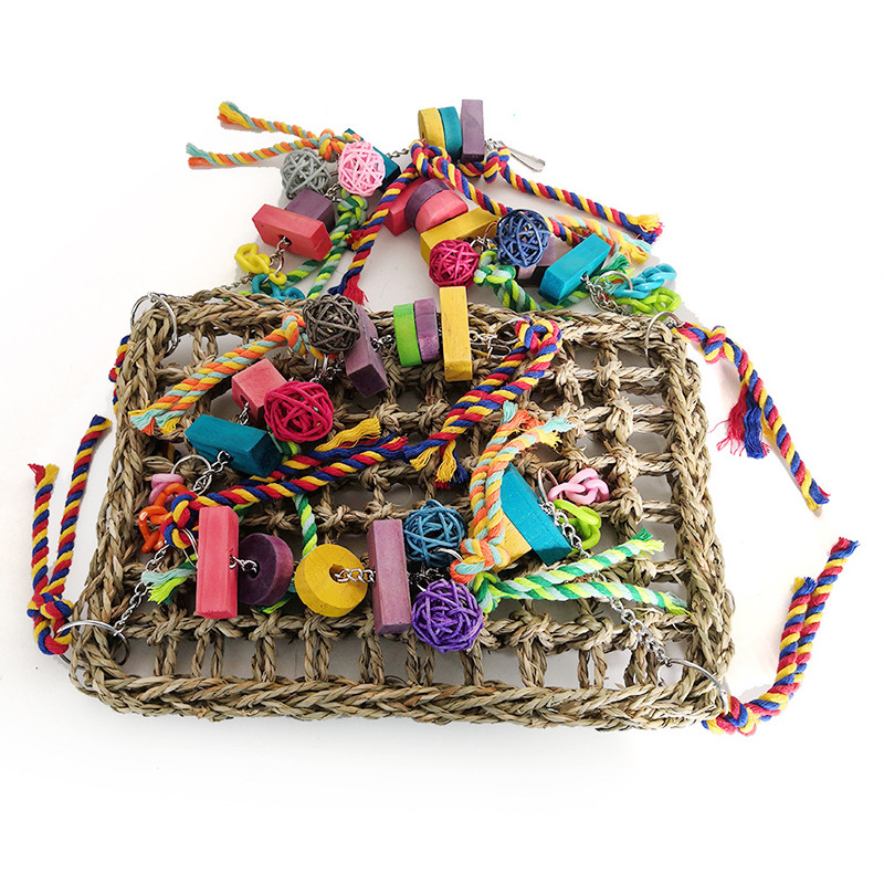 Jucării pentru leagăn din iarbă de mare pentru păsări cu biban de lemn Papagal Trapez leagăn pentru pasăre Hamac pentru biban de pasăre Jucărie de mestecat pentru păsări iubitoare calopsite