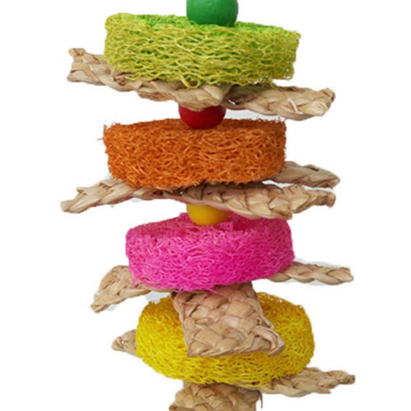 Zvana nejaušas krāsas putnu rotaļlieta, košām izturīga koka krelles rotaļlieta, karājas kukurūzas miza lufa papagailis molārs košļājamā kodums putns, daudzkrāsains bi