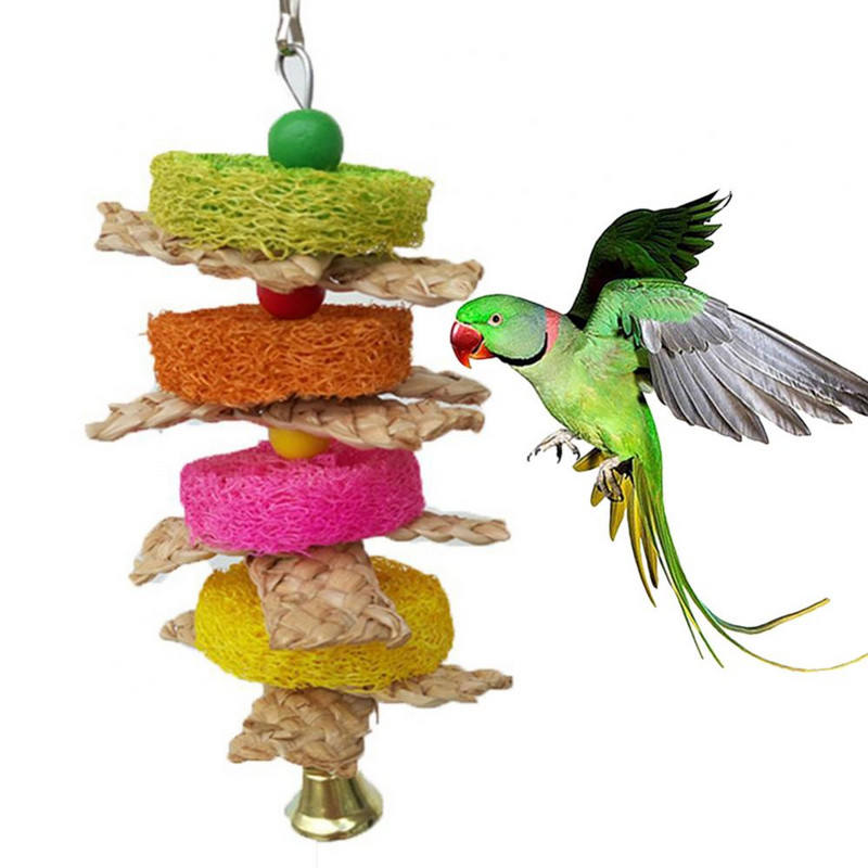 Zvana nejaušas krāsas putnu rotaļlieta, košām izturīga koka krelles rotaļlieta, karājas kukurūzas miza lufa papagailis molārs košļājamā kodums putns, daudzkrāsains bi