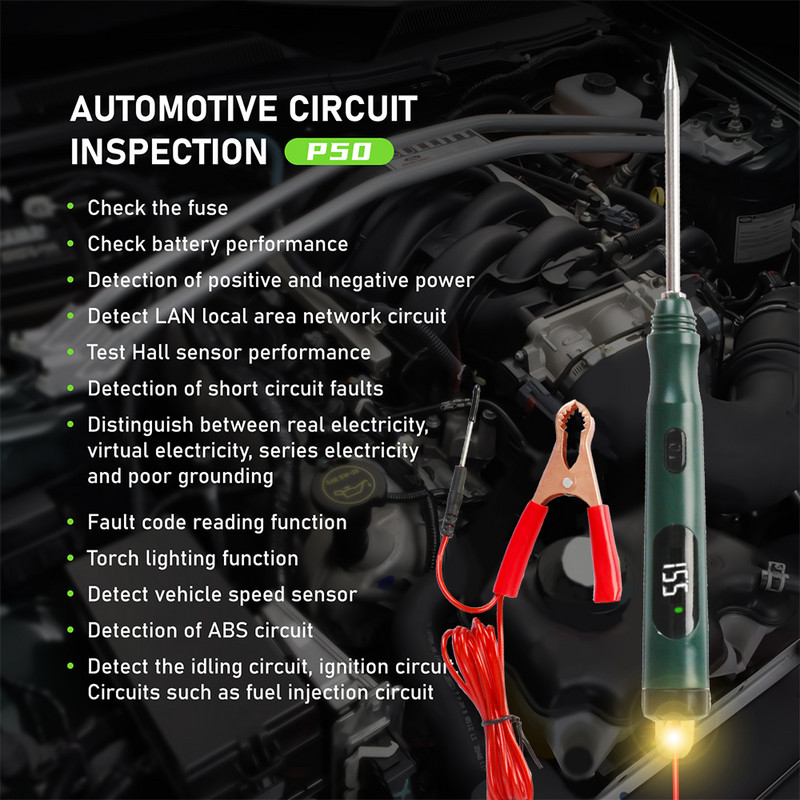 Universalus daugiafunkcis P50 elektros grandinės tikrinimo rašiklis 5–30 V automobilio testeris, teigiamos neigiamos galios detektoriaus linijos detektorius