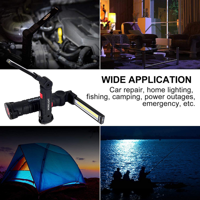 LED darbo lemputė įkraunama COB lemputė su magnetiniu pagrindu, pasukama 5 režimai, sulankstomas žibintuvėlis, skirtas automobilio remontui