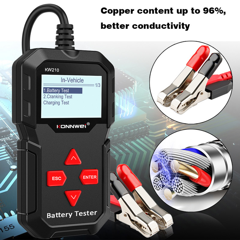 KONNWEI Akumulatora testeris Automašīnas 12V Testēšana KW210 Uzlādes kloķi Auto Akumulatora Testera Analizators Akumulatora strāvas sprieguma pārbaudes rīks