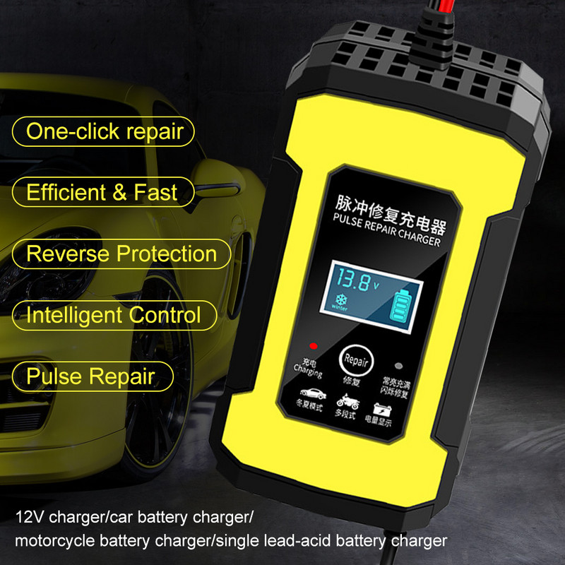 12V/6A automobilio akumuliatoriaus įkroviklis Automatinis impulsinis akumuliatoriaus remontas su LCD ekranu, skirtas 2Ah-100Ah švino rūgšties AGM gelio SLA automobiliniam motociklui