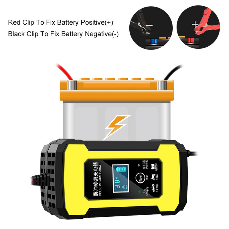12V/6A automobilio akumuliatoriaus įkroviklis Automatinis impulsinis akumuliatoriaus remontas su LCD ekranu, skirtas 2Ah-100Ah švino rūgšties AGM gelio SLA automobiliniam motociklui