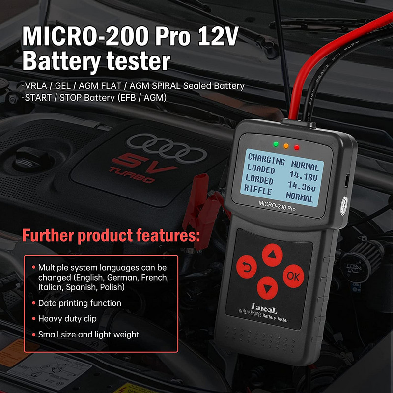 Tester de baterii auto MICRO-200PRO 12V 24V 40-2000CCA Analizor de plumb acid Test de pornire Test de încărcare Instrument de diagnosticare