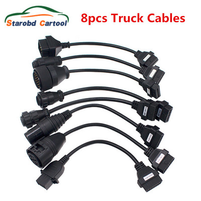 Täiskomplekt 8 kaablit veoauto OBD OBD2 diagnostikapistiku jaoks 8 tk autokaablite komplekt, täistihvtid, aktiveeritud veoauto kaablite adapterid