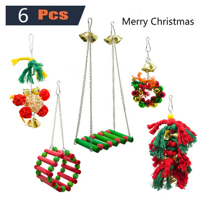 Ebaokuup Christmas Limited Bird Toy Parrot Cage Swing Αξεσουάρ για μάσημα παιχνιδιών για Budgies, Φυσικό ξύλο Αφρικανικής Γκρι Cockatoos
