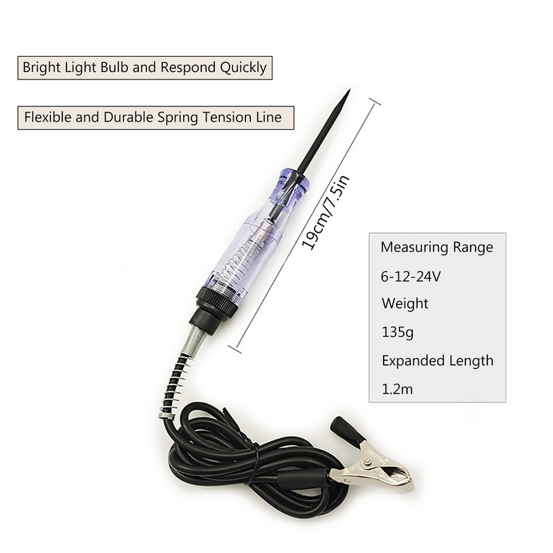 Ispitno svjetlo za ispitivanje strujnog kruga 6-24 V s produljenim opružnim ispitnim vodovima i oštrom sondom za bušenje | Ispitivač napona u automobilskom krugu