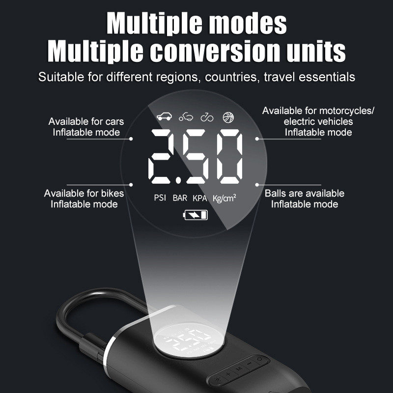 Pompă de aer Mini portabil, umflator electric cu autoalimentare Pompă de aer, cu încărcare fără fir, afișaj digital