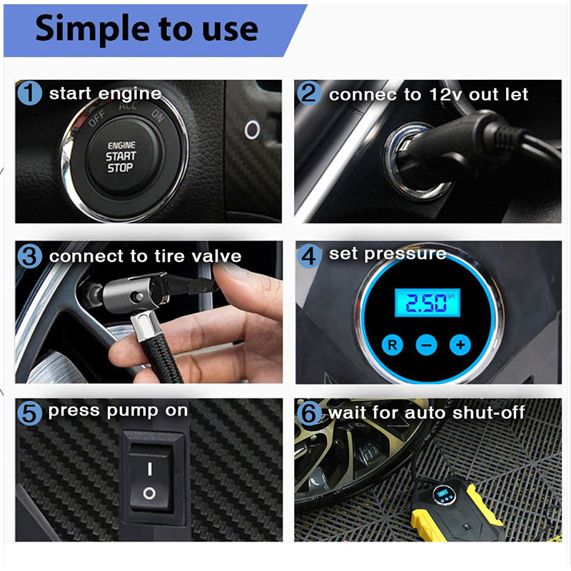 Compresor de aer portabil Pompă de umflare a anvelopelor auto cu manometru digital (150 Psi 12V DC) Lanternă de urgență strălucitoare