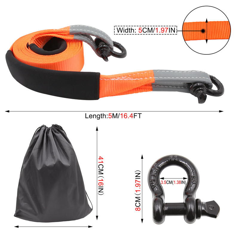 Komplet traka za vuču za teške uvjete rada D prsten okovi Uže za vuču izvan ceste u nuždi Pojas za prikolicu Ojačana petlja Rukavice Torba za pohranu
