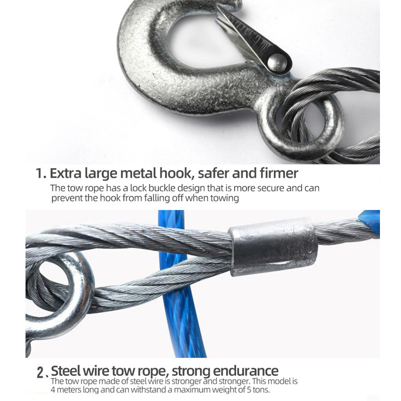 Σχοινί για ρυμουλκούμενο αυτοκινήτου 4 μέτρα 5 τόνους ατσάλινο σύρμα ρυμουλκούμενο με γάντζο ρυμούλκησης, εξοπλισμός έκτακτης ανάγκης αυτοοδήγησης, ισχυρό σχοινί