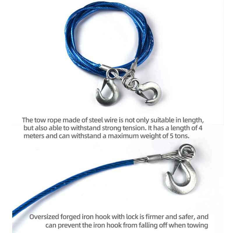 Σχοινί για ρυμουλκούμενο αυτοκινήτου 4 μέτρα 5 τόνους ατσάλινο σύρμα ρυμουλκούμενο με γάντζο ρυμούλκησης, εξοπλισμός έκτακτης ανάγκης αυτοοδήγησης, ισχυρό σχοινί