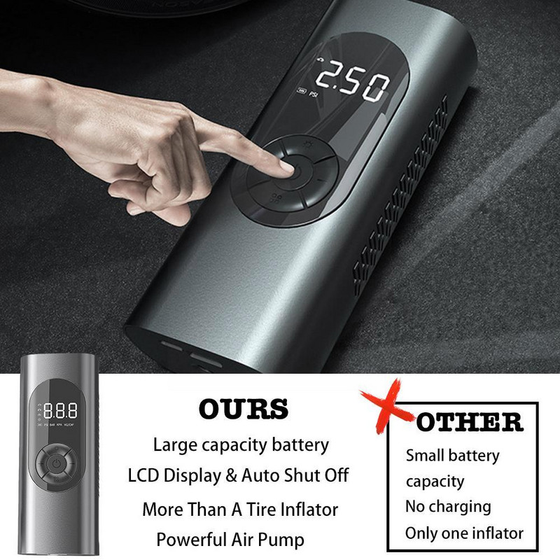 6000 mAh 150 PSI nešiojamas automobilio oro kompresorius LCD skaitmeninis ekranas Laidinis / belaidis padangų pripūtimo siurblys, skirtas motociklo dviračiui Boa P9W5