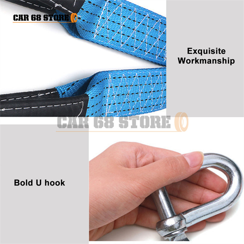 3M / 4M / 5M 8 tonų automobilio vilkimo lyno diržo kabelio diržas su U kabliu, didelio stiprumo nailono, didelio našumo auto avarinė sistema su atspindinčia juostele