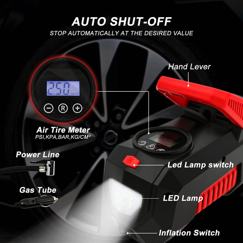 Pompă de umflare a anvelopelor pentru compresor de aer, pompă de aer portabilă FORLIFE, potrivită pentru anvelope de mașină, pompă automată de anvelope 12V DC cu presa digitală