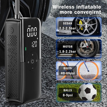 Digital Tire Inflator Mini Portable Lightable Air Compressor Πολυλειτουργική ασύρματη αντλία αέρα για ποδήλατα Car Ball