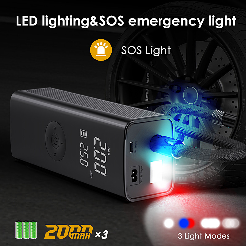 Pompă de aer electrică fără fir Compresor de aer pentru mașină 12V 2000mAh x3 pentru motocicletă bilă bicicletă umflator fără fir Accesorii auto