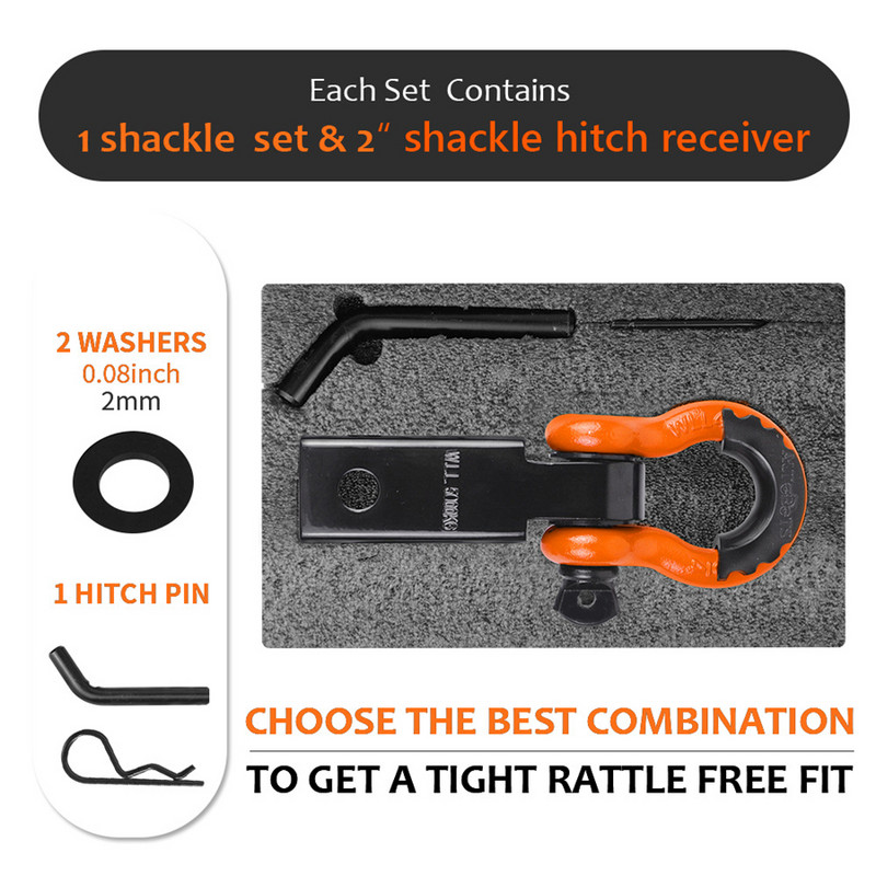 2 collu lieljaudas sakabes uztvērējs, 35 000 lbs 16 t pārrāvuma izturība ar 5/8 collu skrūvējamu tapu 3/4 važu atgūšanai bezceļa apstākļos