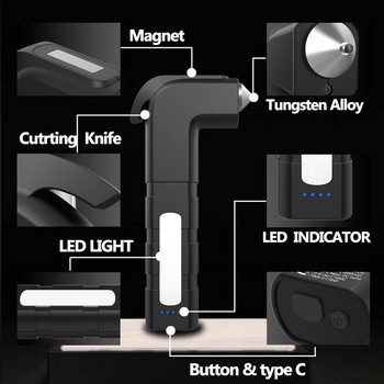 Εργαλείο διαφυγής ασφαλείας έκτακτης ανάγκης αυτοκινήτου 4 σε 1 Θραύση παραθύρου ασφαλείας σφυριού αυτοκινήτου και κόφτης ζώνης ασφαλείας DuaL LED Light Magnetic για επισκευή