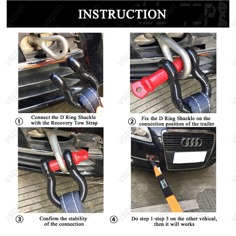 Vspan 5/8-tolline D-rõngas, punane võll, 13T purunemistugevus koos ahela isolaatori ja seibi komplektiga haakeseadme vintsi maastikusõiduki taastamiseks