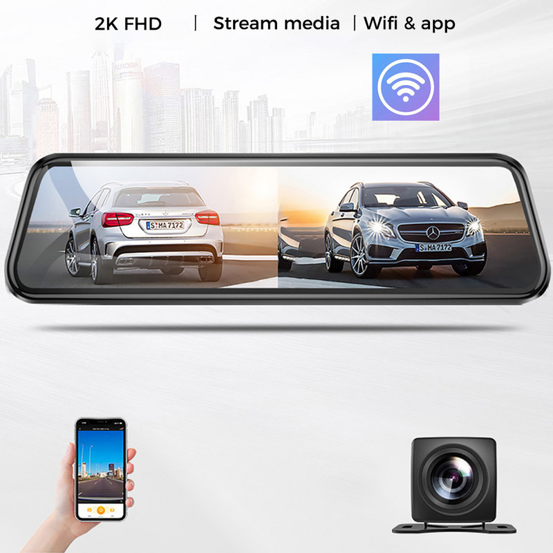 Automobilinis DVR WIFI 3 viename galinio vaizdo veidrodinis įrašymo įrenginys 2K FHD vaizdo įrašas 10 colių vaizdo kamera Sony Lens 1440 kameros srautinis galinio vaizdo veidrodis
