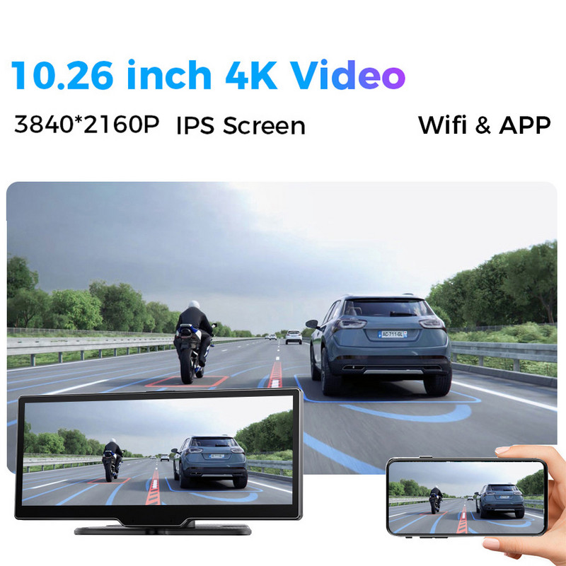 10,26 colio automobilio galinio vaizdo veidrodinė kamera 4K WiFi GPS Carplay ir Android Auto belaidis ir AUX laidinis ryšys Navi Bluetooth įrašymo įrenginys