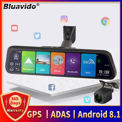 Bluavido 10 colių 4G Android 8.1 automobilinis veidrodinis vaizdo įrašymo įrenginys GPS navigacija ADAS galinio vaizdo kamera AHD 1080P dvigubo objektyvo vaizdo kameros DVR