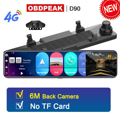 OBDPEAK D90 4GB + 32GB automobilinė DVR kamera Android 8.1 Stream RearView Mirror 12`` 1080P Drive Video Auto Recorder Registrator Dash cam