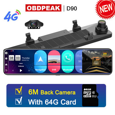 OBDPEAK D90 4GB + 32GB automobilinė DVR kamera Android 8.1 Stream RearView Mirror 12`` 1080P Drive Video Auto Recorder Registrator Dash cam