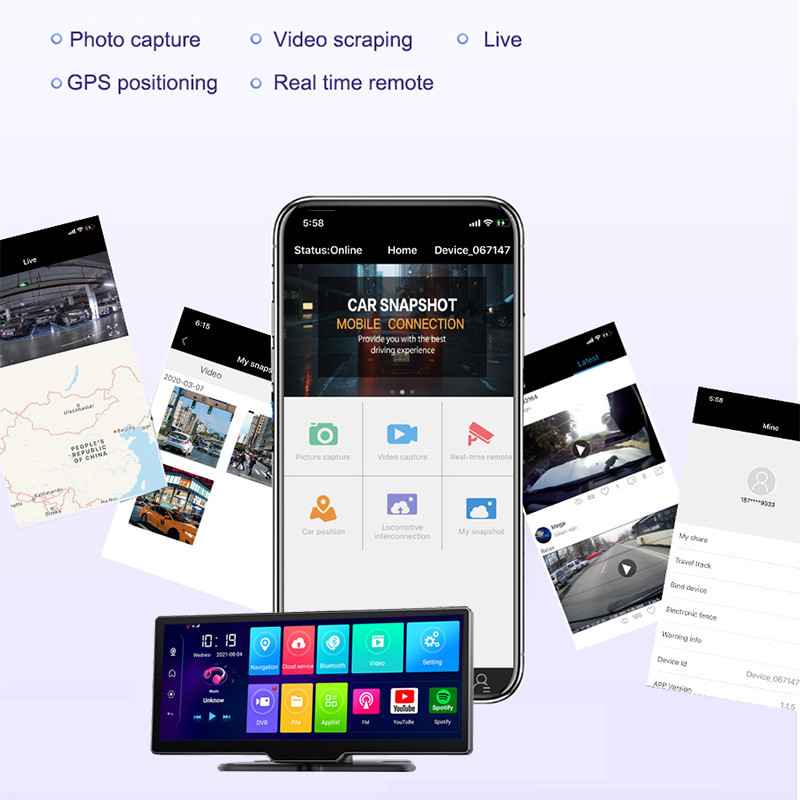 10,26 colio automobilio DVR kamera prietaisų skydelyje FHD Android Dash kamera su GPS WiFi galinio vaizdo veidrodžio skaitmeniniu vaizdo įrašymo įrenginiu, dvigubu objektyvu