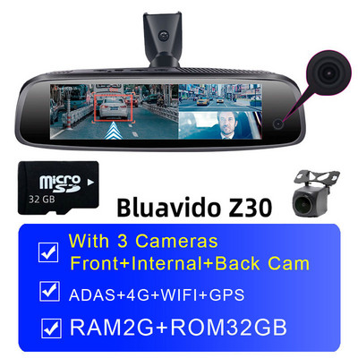Bluavido 3 kamere Dash Cam 4G Android auto video snimač GPS navigacija ADAS 2G RAM 32G ROM FHD 1080P Retrovizor DVR WiFi