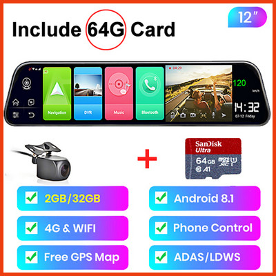 Bluavido 3 kamere Dash Cam 4G Android auto video snimač GPS navigacija ADAS 2G RAM 32G ROM FHD 1080P Retrovizor DVR WiFi
